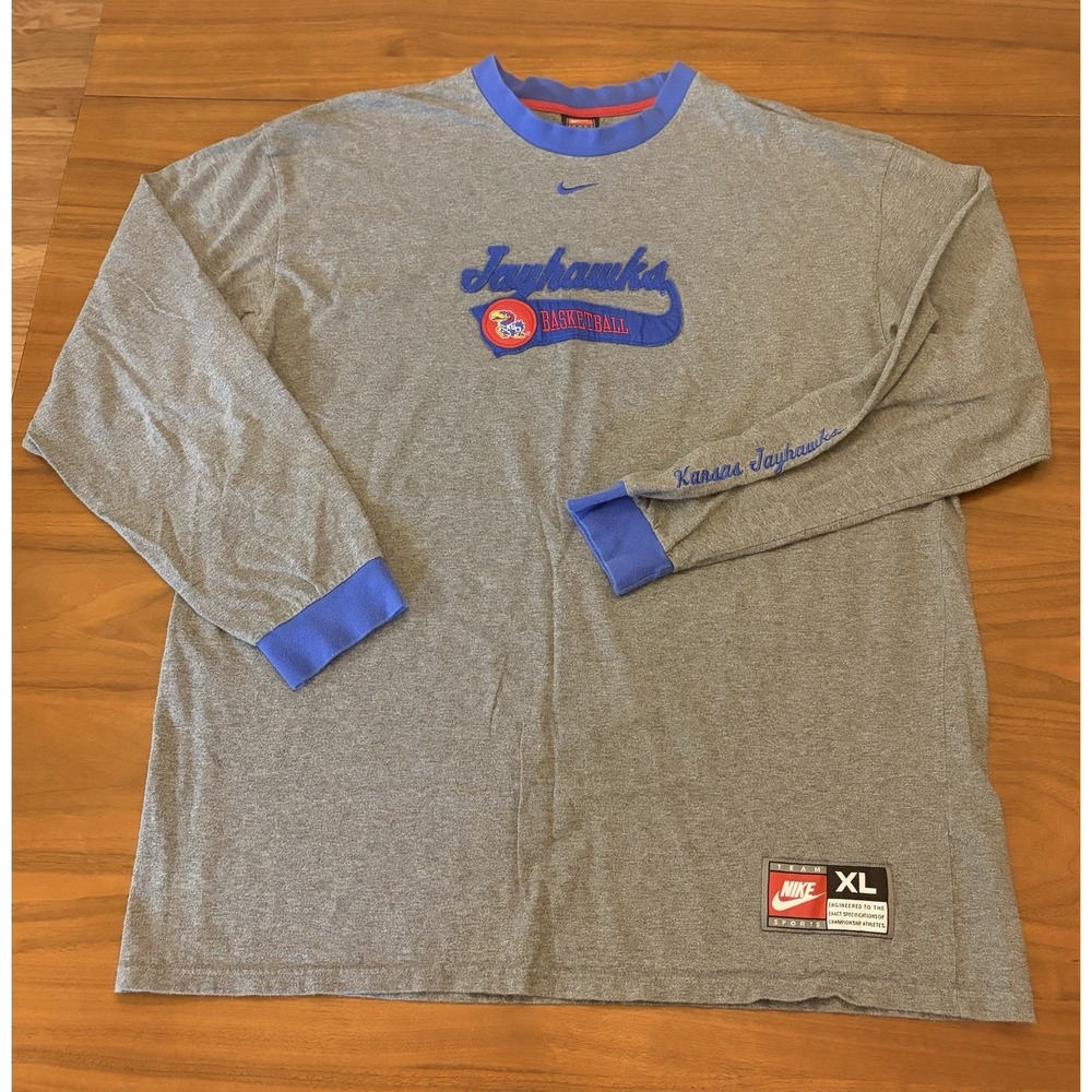 VTG Kansas Jayhawks Nike Long Sleeve T Shirt Men XL Y2K Basketball Center Swoosh
